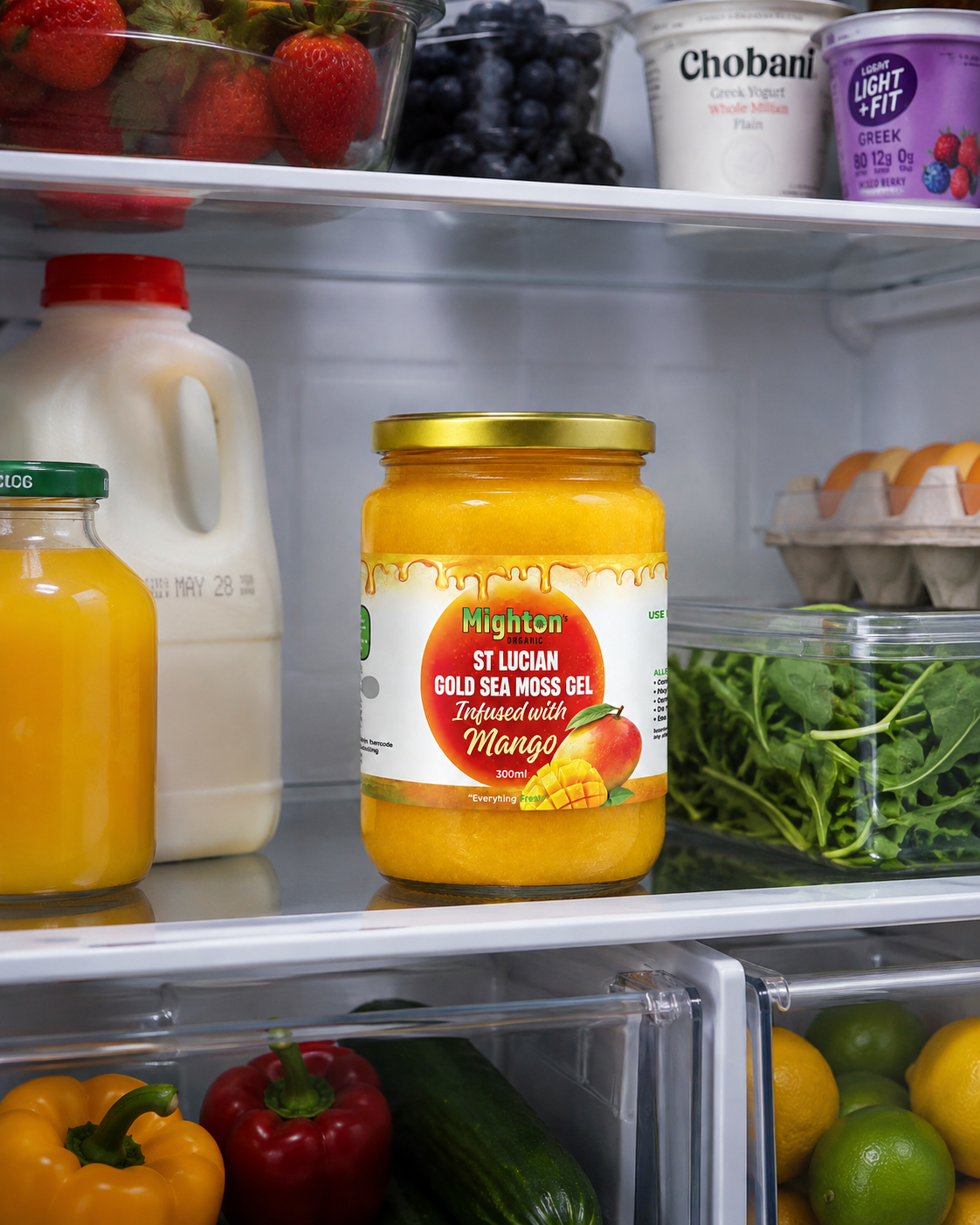 Mighton's Handmade Mango Sea Moss Gell in a Fridge